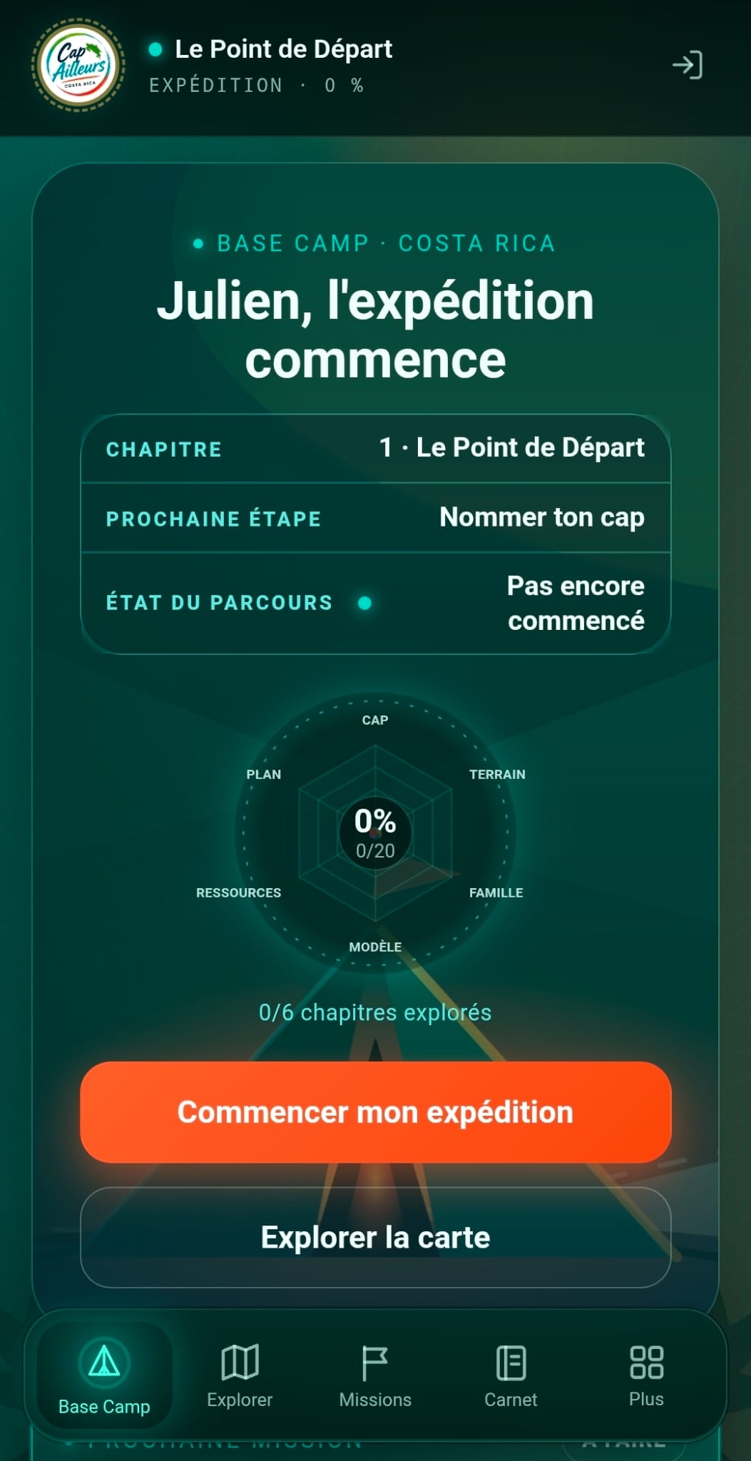L'écran Base Camp de l'application Cap Ailleurs