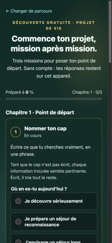 Interface réelle Projet de vie : première mission, nommer son cap