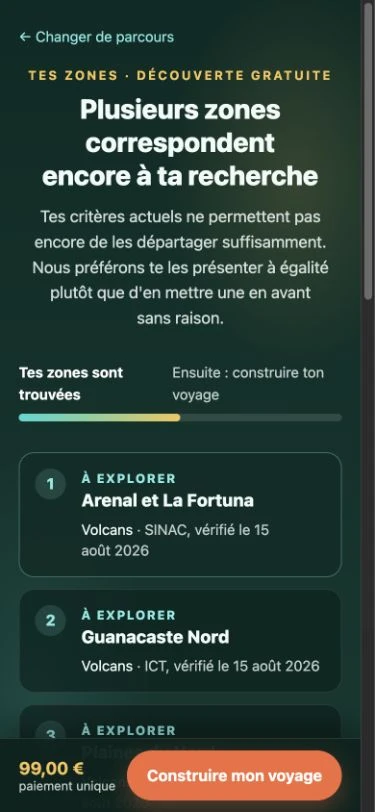 Interface réelle de découverte Voyage : sélection de zones au Costa Rica