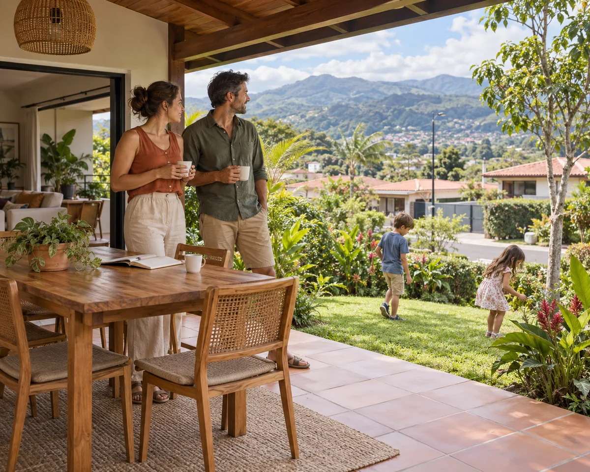 Illustration d’un projet de vie au Costa Rica : une famille entre terrasse et jardin