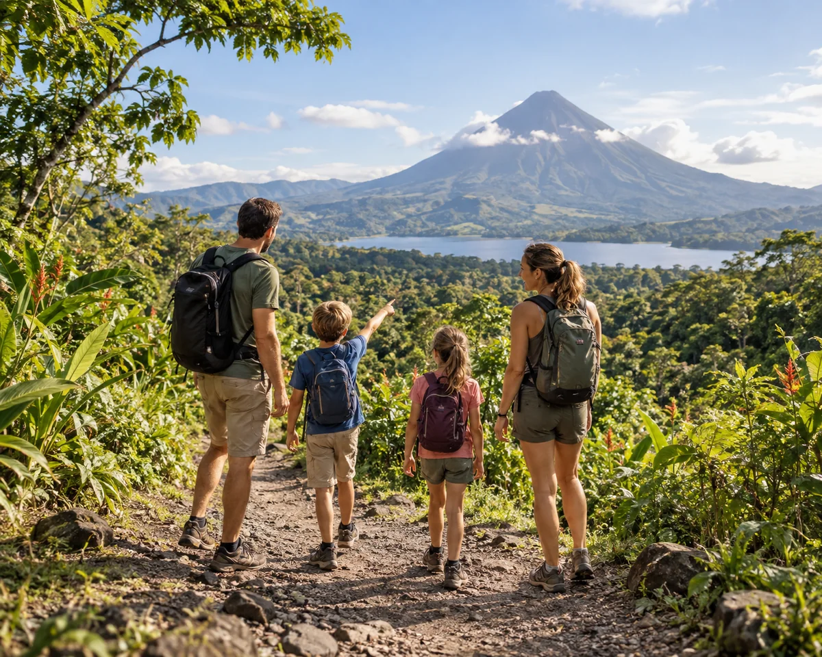 Illustration d’une famille en randonnée face à un volcan et à un lac au Costa Rica
