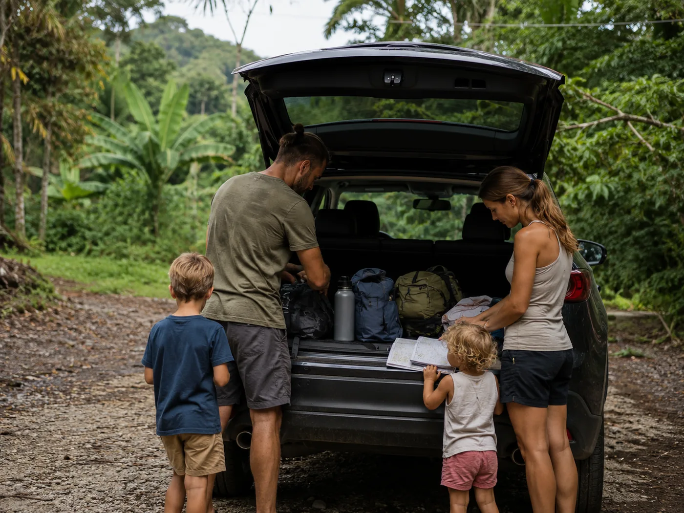 Famille préparant le coffre d’une voiture sur une route au Costa Rica