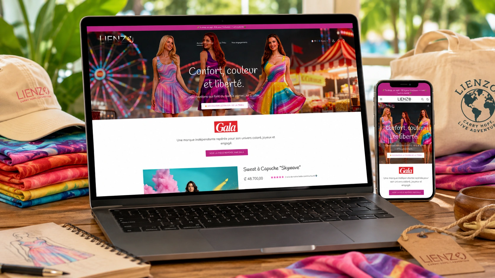 Exemple visuel de boutique en ligne lifestyle pour LIENZO