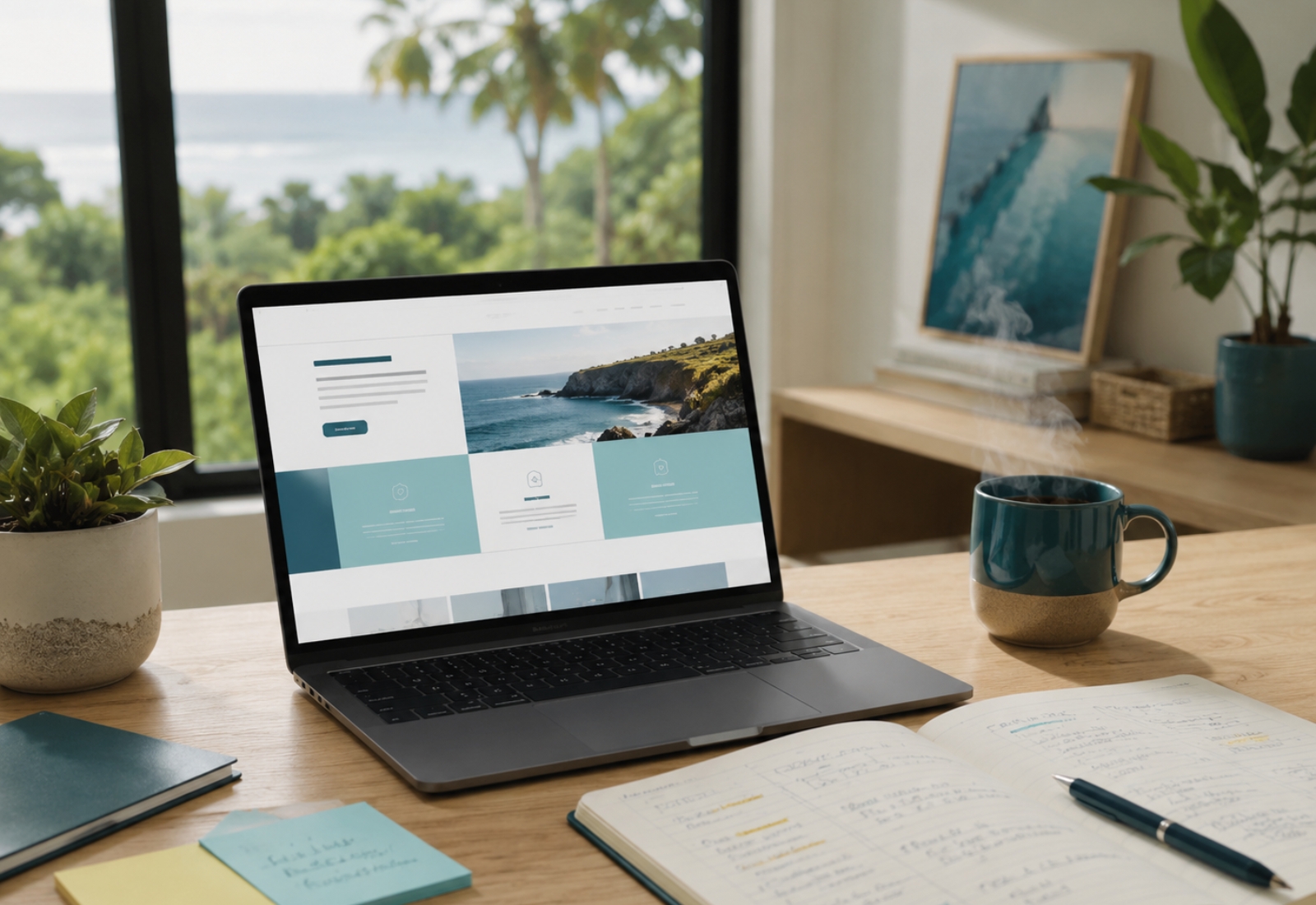 Espace de travail avec ordinateur et carnet pour structurer un site web professionnel