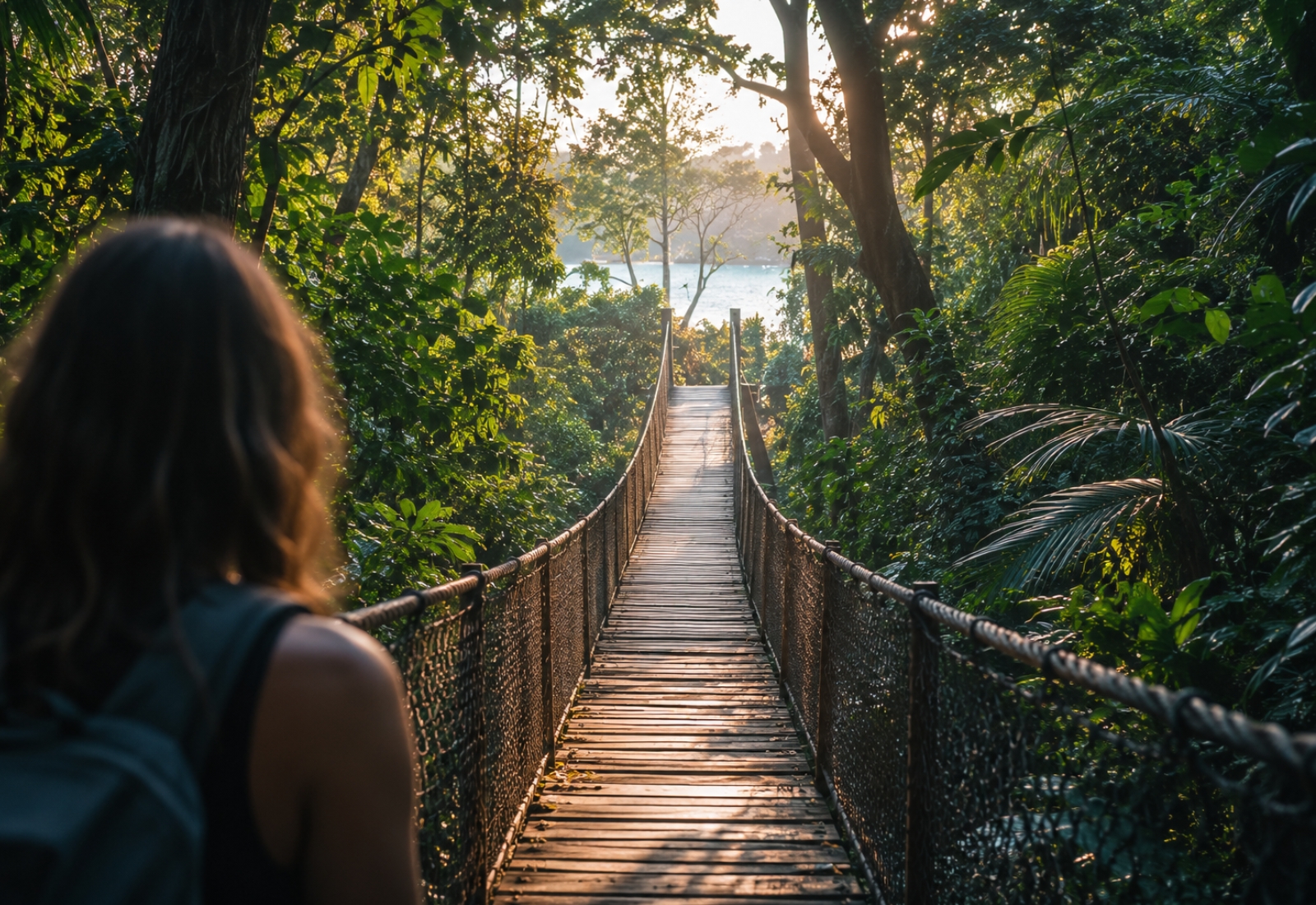 Passerelle dans la végétation tropicale symbolisant un passage vers une nouvelle direction