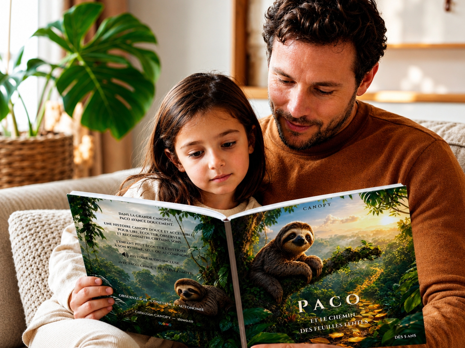 Parent et enfant lisant un livre CANOPY, univers éducatif de SLOWO