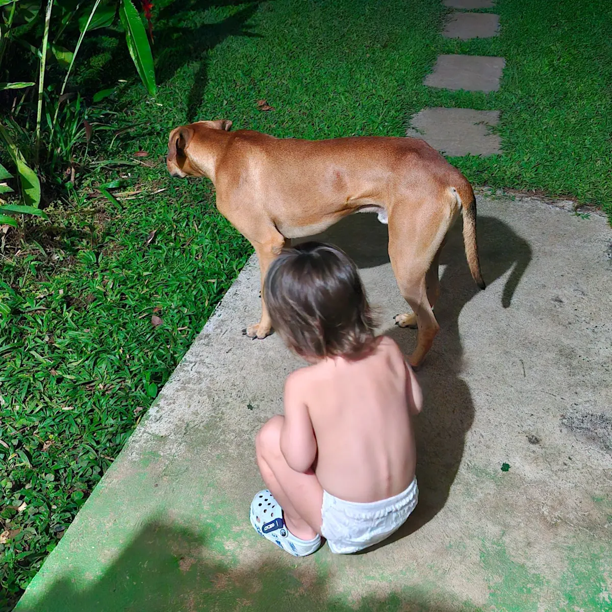 One of our children and a dog, in the garden at night.