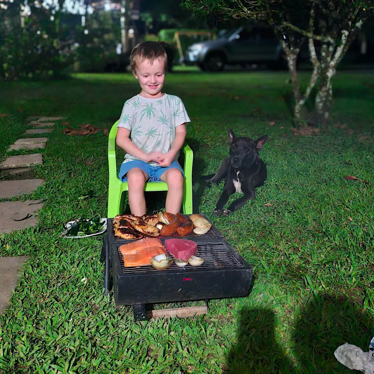 A barbecue in the garden, a dog nearby.