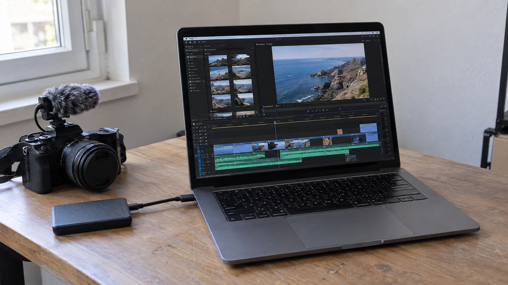 Illustration d’un poste de montage vidéo avec ordinateur, appareil photo, microphone et disque externe