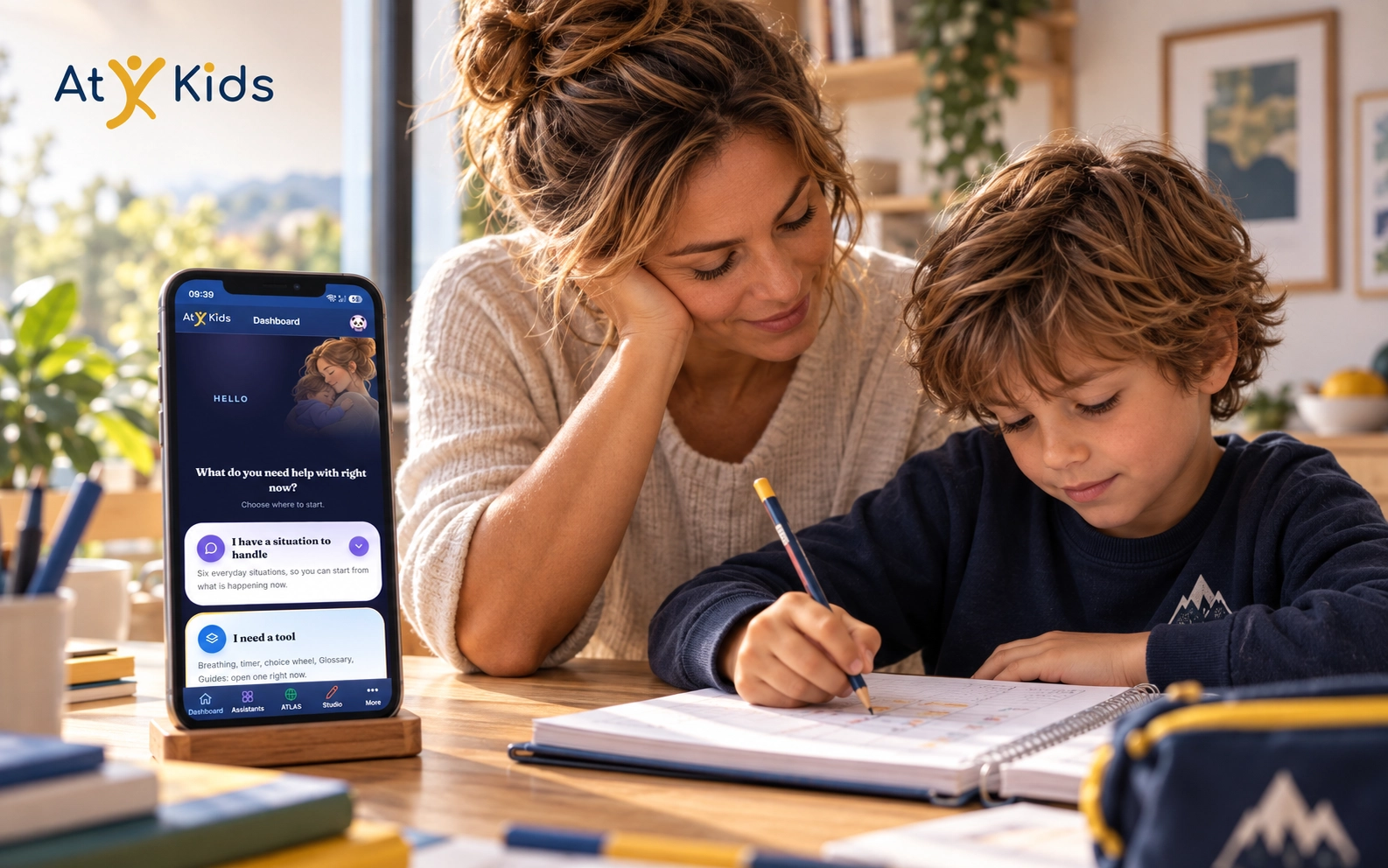 AtyKids illustration: a mother supports her child at a table, with the platform on a phone