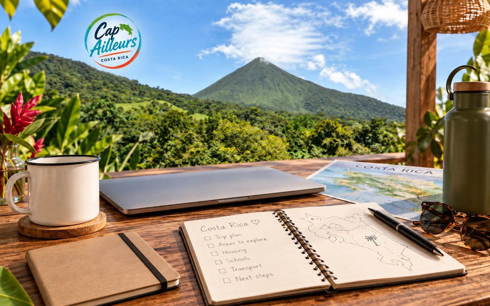 Cap Ailleurs illustration: a planning notebook, a map and a laptop overlooking Arenal volcano