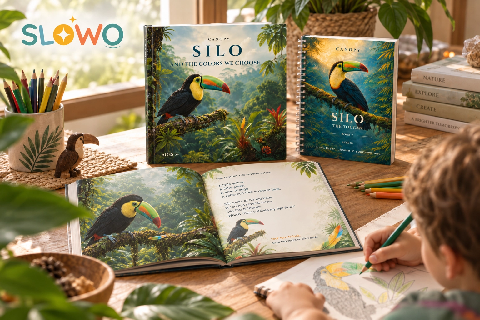 SLOWO illustration: CANOPY books and a toucan activity book alongside a child drawing